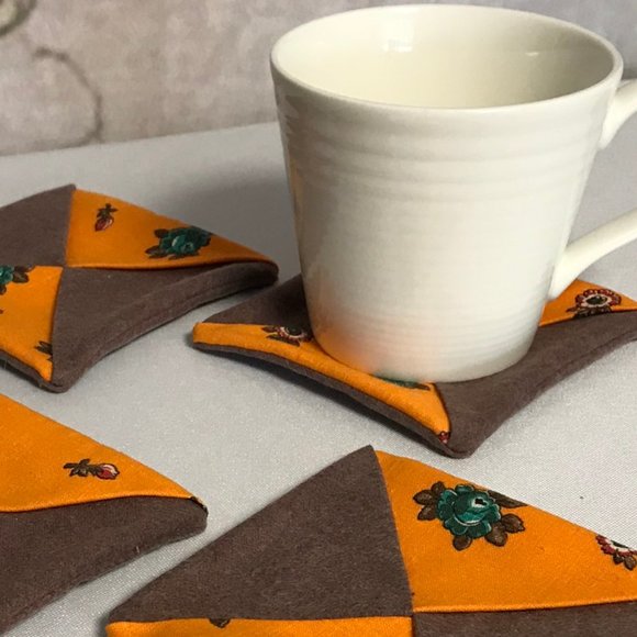 Handmade Fabric Coasters Set of 4 brown orange - Picture 1 of 5